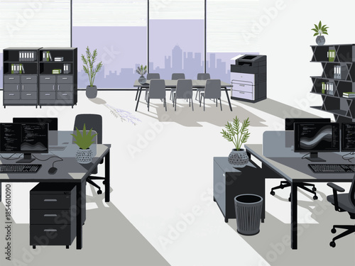 Open Plan Office Environment with Workstations and City View