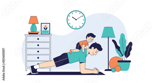 A happy father exercises at home by doing a plank, while his cheerful young son playfully rides on his back in the living room.