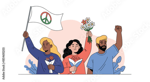 A diverse group of young activists, holding flowers and a peace flag, stand together to advocate for peace and unity.