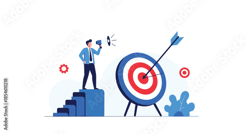 A businessman with a megaphone announces a marketing goal as an arrow hits the bullseye of a large target, indicating success.
