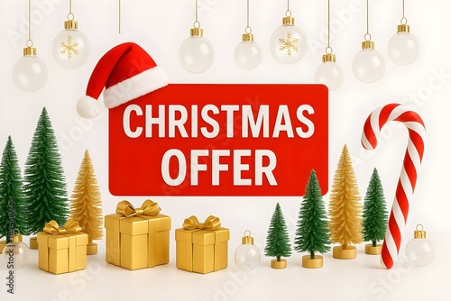 Christmas sale advertisement with hanging glass ornaments, red offers banner, gift boxes, candy cane and festive trees on white background