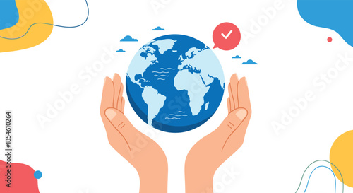A pair of caring hands holds and protects planet Earth, with a checkmark signifying environmental conservation and success.