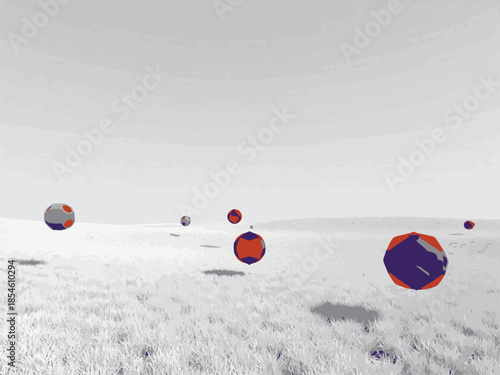 Colorful Geometric Spheres Floating Over White Minimalist Landscape