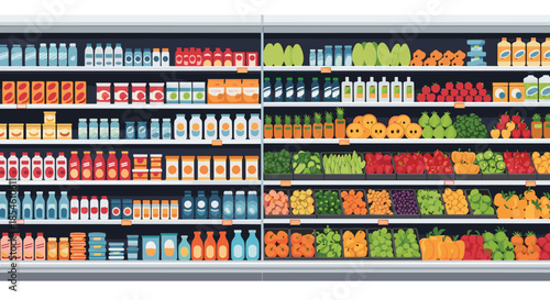 Supermarket aisle with shelves fully stocked with a wide assortment of groceries, including dairy, produce, and packaged goods.