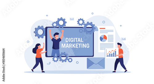 Digital marketing concept with a team working on business promotion, SEO, and social media strategy with charts and icons.