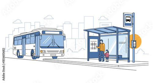 Father and daughter waiting together at a city bus stop shelter as the public transport bus arrives in an urban cityscape.