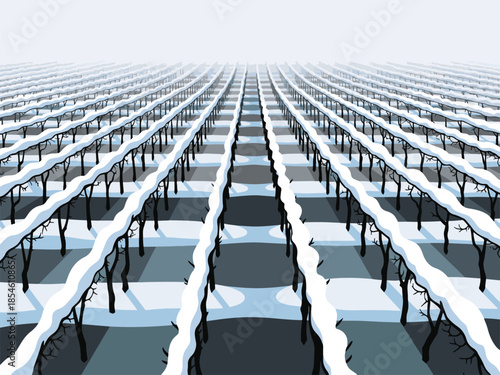 Minimalist winter landscape of snow-covered tree rows vanishing into fog