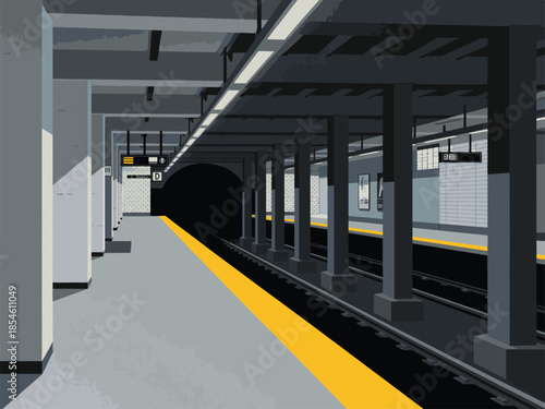 Minimalist graphic illustration of a subway station platform and tracks