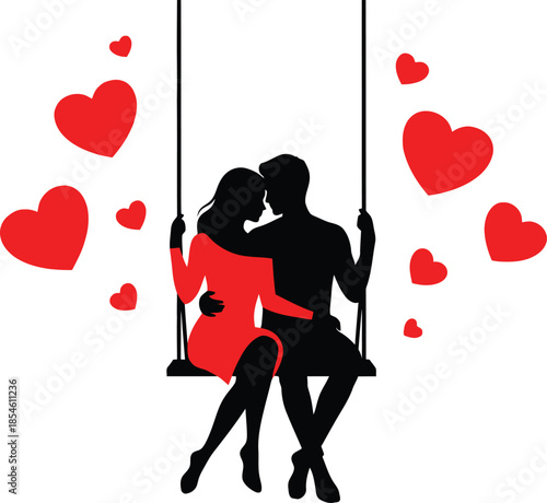 Romantic couple kissing on swing surrounded by floating hearts