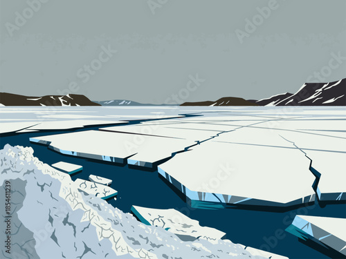 Minimalist graphic landscape of frozen arctic waters, ice floes, and mountains