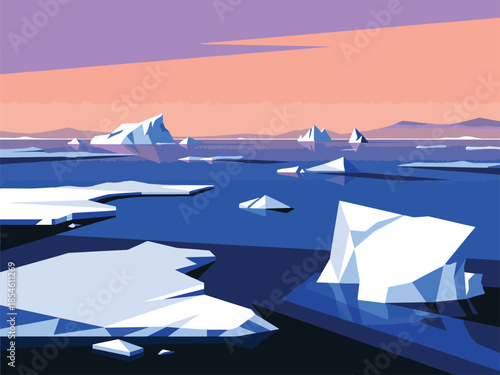 Minimalist graphic illustration of icebergs and ice floes in a polar ocean at twilight