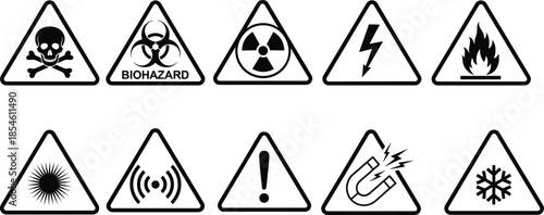 Vector illustration of hazard warning icons—symbols for safety signage, danger awareness, industrial caution, toxic alert, and compliance reference design