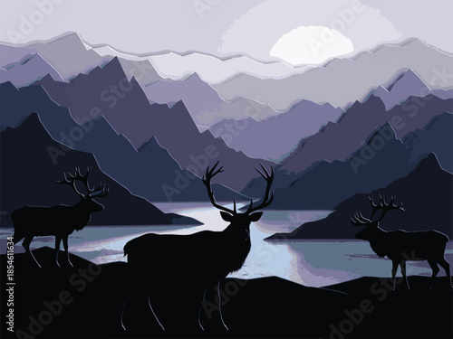 Minimalist paper cut art of deer silhouettes in mountain lake landscape