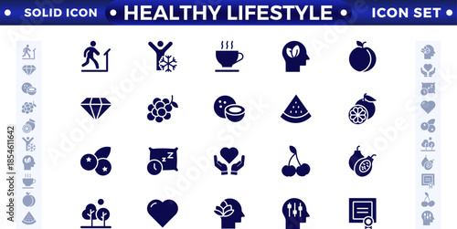 Healthy Lifestyle solid icon set with nutrition, exercise, sleep, stress management, hydration, mental, mindfulness, and yoga. Healthy Lifestyle solid icon set.
