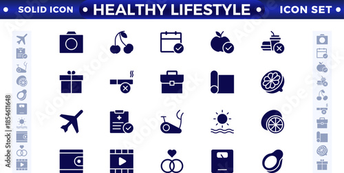 Healthy Lifestyle solid icon set with nutrition, exercise, sleep, stress management, hydration, mental, mindfulness, and yoga. Healthy Lifestyle solid icon set.
