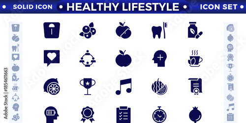 Healthy Lifestyle solid icon set with nutrition, exercise, sleep, stress management, hydration, mental, mindfulness, and yoga. Healthy Lifestyle solid icon set.
