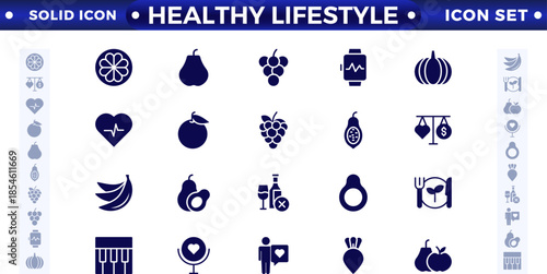 Healthy Lifestyle solid icon set with nutrition, exercise, sleep, stress management, hydration, mental, mindfulness, and yoga. Healthy Lifestyle solid icon set.
