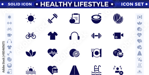 Healthy Lifestyle solid icon set with nutrition, exercise, sleep, stress management, hydration, mental, mindfulness, and yoga. Healthy Lifestyle solid icon set.
