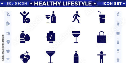 Healthy Lifestyle solid icon set with nutrition, exercise, sleep, stress management, hydration, mental, mindfulness, and yoga. Healthy Lifestyle solid icon set.
