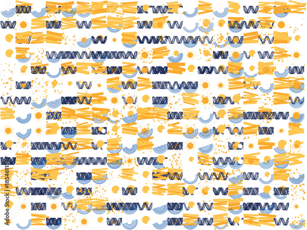 Fototapeta premium Yellow and blue abstract pattern with suns geometric shapes and lines