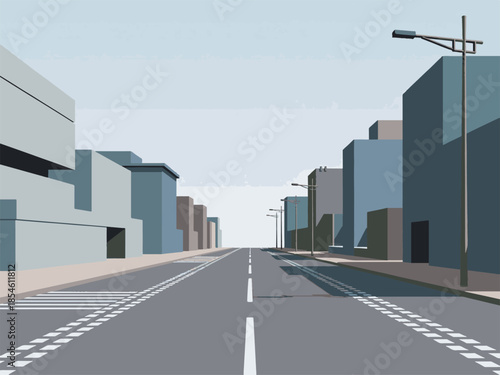 Minimalist city street with geometric buildings, road, and streetlights