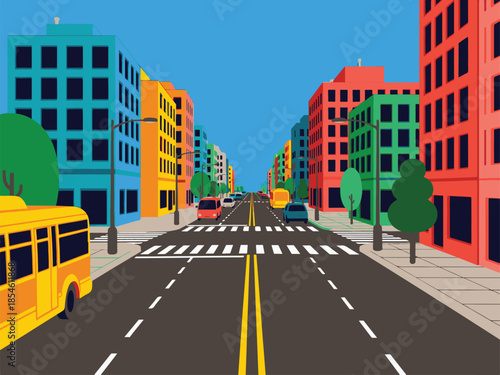 Vibrant Cartoon City Street with Colorful Buildings, Vehicles, and Trees