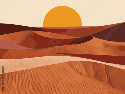 Minimalist desert landscape with layered sand dunes and sun
