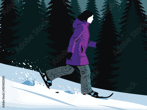 Person snowshoeing uphill through a dark winter forest landscape