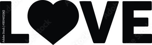 A striking black love icon with a heart symbol replacing the 'o' on a pristine white background