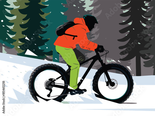 Dynamic illustration of a person fat biking in a snowy winter forest