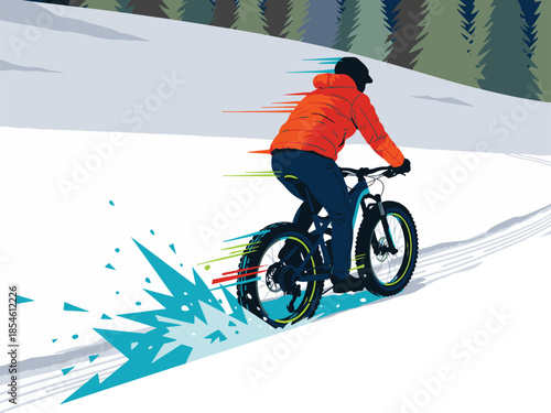 Dynamic illustration of a person fat biking in a snowy winter landscape