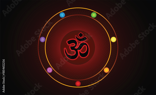 Spiritual Om symbol with colorful chakra circles on dark cosmic background design