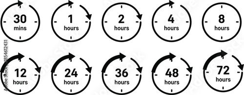 Vector illustration of time interval clocks—symbols for scheduling, duration tracking, hourly countdown, process timing, and productivity reference design