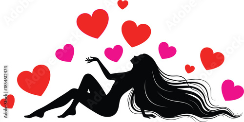 Sensual woman surrounded by floating hearts romantic atmosphere