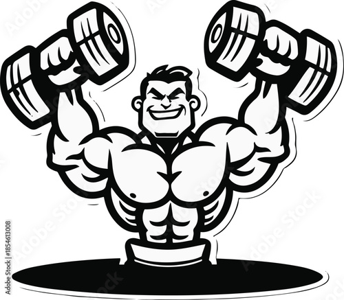 Strong cartoon dumbbell flexing muscles, fitness motivation theme, bold line art, sticker illustration, transparent background