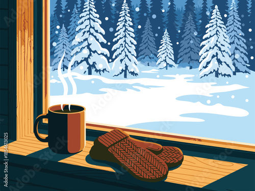 Cozy winter scene from a window with steaming mug and knitted mittens