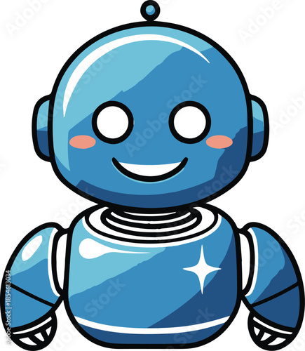 A cute futuristic AI robot mascot smiling, bold thick outline, minimal color palette, flat vector sticker style, white stroke border, transparent background 2