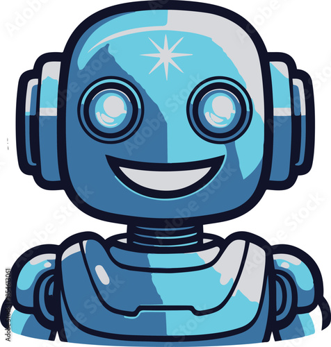 A cute futuristic AI robot mascot smiling, bold thick outline, minimal color palette, flat vector sticker style, white stroke border, transparent background