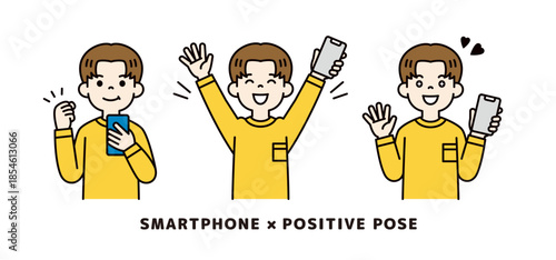 スマートフォンを持つ若い男性の上半身ベクターイラスト素材＿ポジティブなポーズセット＿カラー