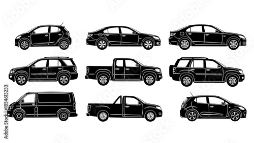 A collection of black silhouette illustrations of various types of vehicles, including cars, SUVs, vans, and pickup trucks, arranged in a grid.