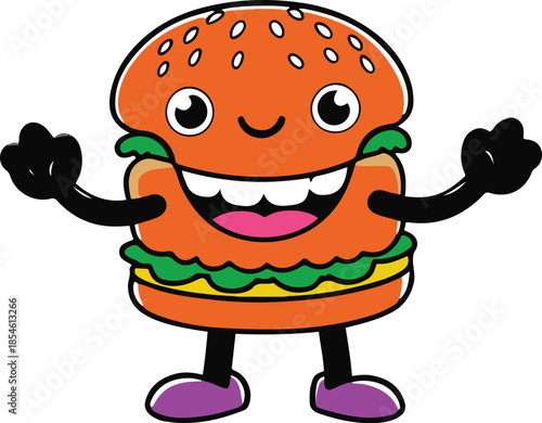 Happy cartoon burger with arms and legs, fun mascot style, flat vector sticker, bold outline, transparent background 2