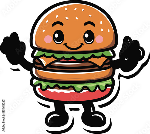 Happy cartoon burger with arms and legs, fun mascot style, flat vector sticker, bold outline, transparent background 1