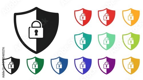 Vector illustration of security shield icons with padlock symbol in various colors, representing data protection and privacy.
