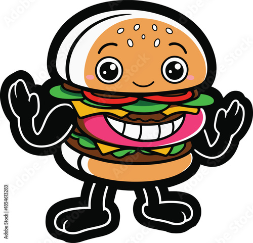 Happy cartoon burger with arms and legs, fun mascot style, flat vector sticker, bold outline, transparent background.