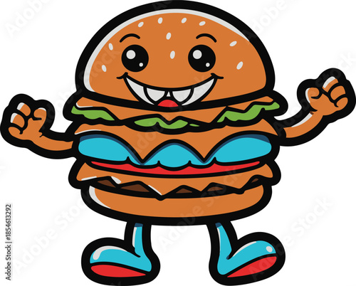 Happy cartoon burger with arms and legs, fun mascot style, flat vector sticker, bold outline, transparent background 3