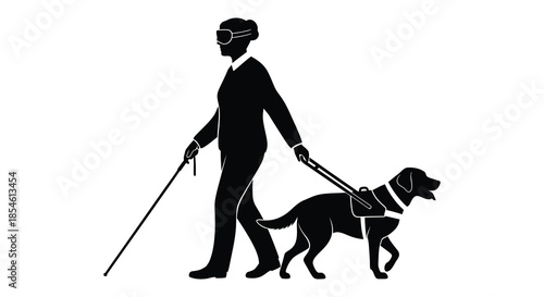 A visually impaired person confidently walking with a guide dog showcasing assistance and independence silhouette