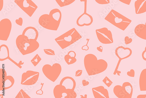 A romantic seamless pattern featuring hearts, keys, envelopes, and lips in soft peach tones on a pastel pink background, perfect for love-themed designs.