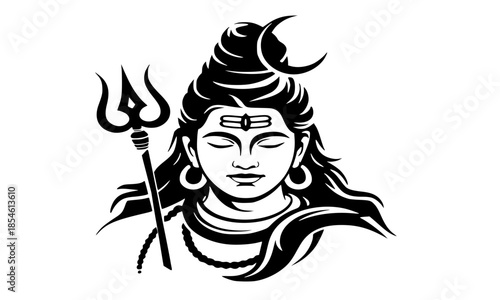 Lord Shiva head portrait with third eye and crescent moon, hand drawn black and white Mahadev illustration with trishula trident for spiritual and mythology concepts