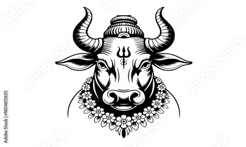 Hand drawn illustration of sacred bull Nandi with trishula symbol on forehead and floral garland, majestic bull head silhouette for Hindu mythology, spirituality, and religious concepts