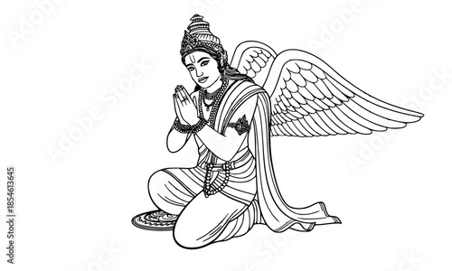 Hindu deity Garuda or winged divine figure in prayer pose, hand drawn line art illustration of an angel with folded hands and large wings for spiritual, mythology, and religious concepts